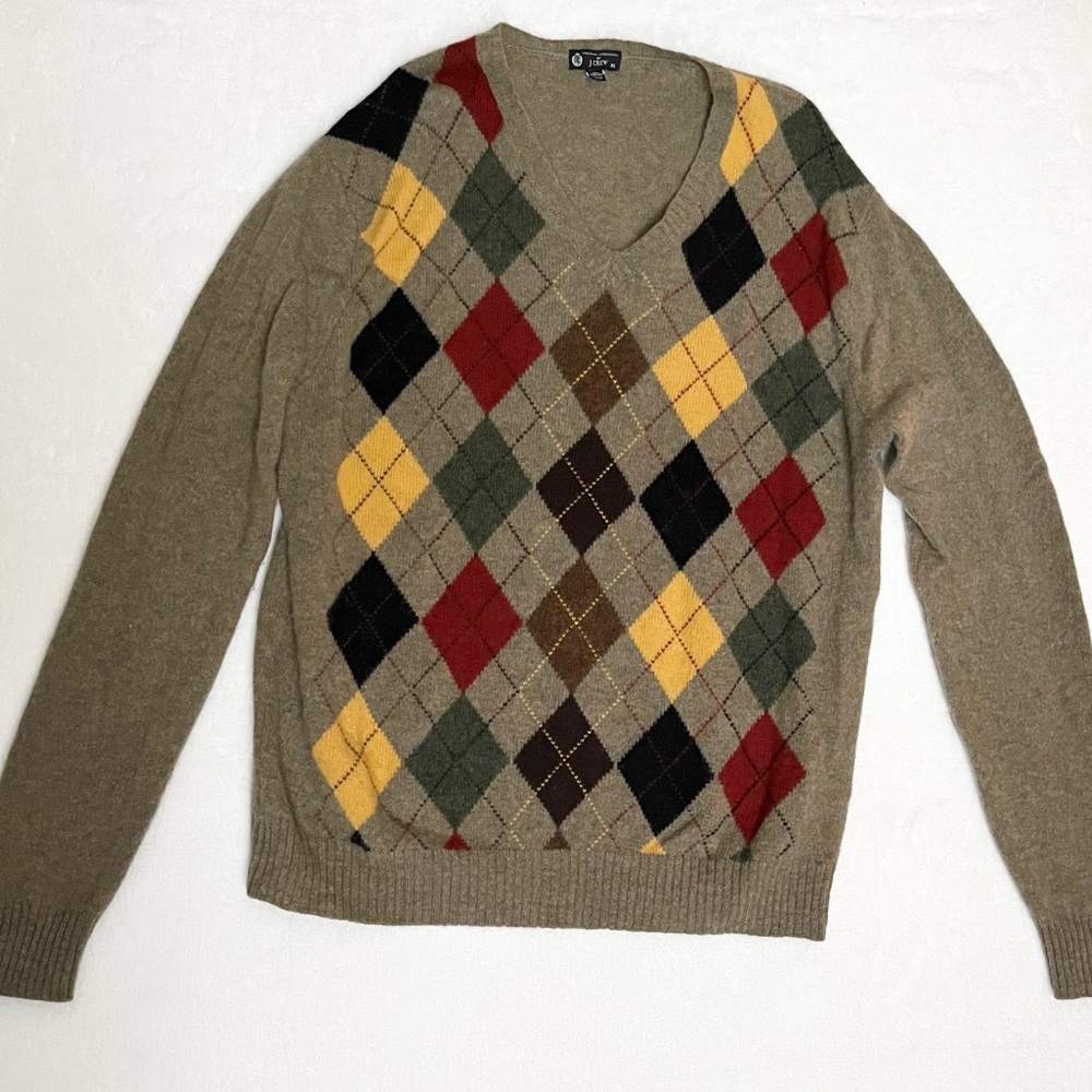 Vintage J. Crew Lambswool Argyle V-Neck Sweater XL - Picture 2 of 5